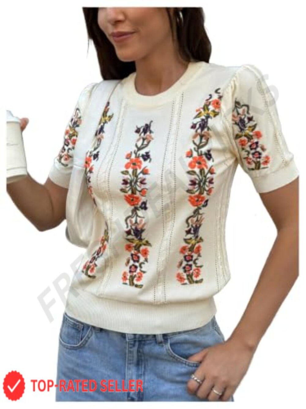 Embroidered Floral Cable Knit Crew Neck Short Sleeve Sweater Pullover Top